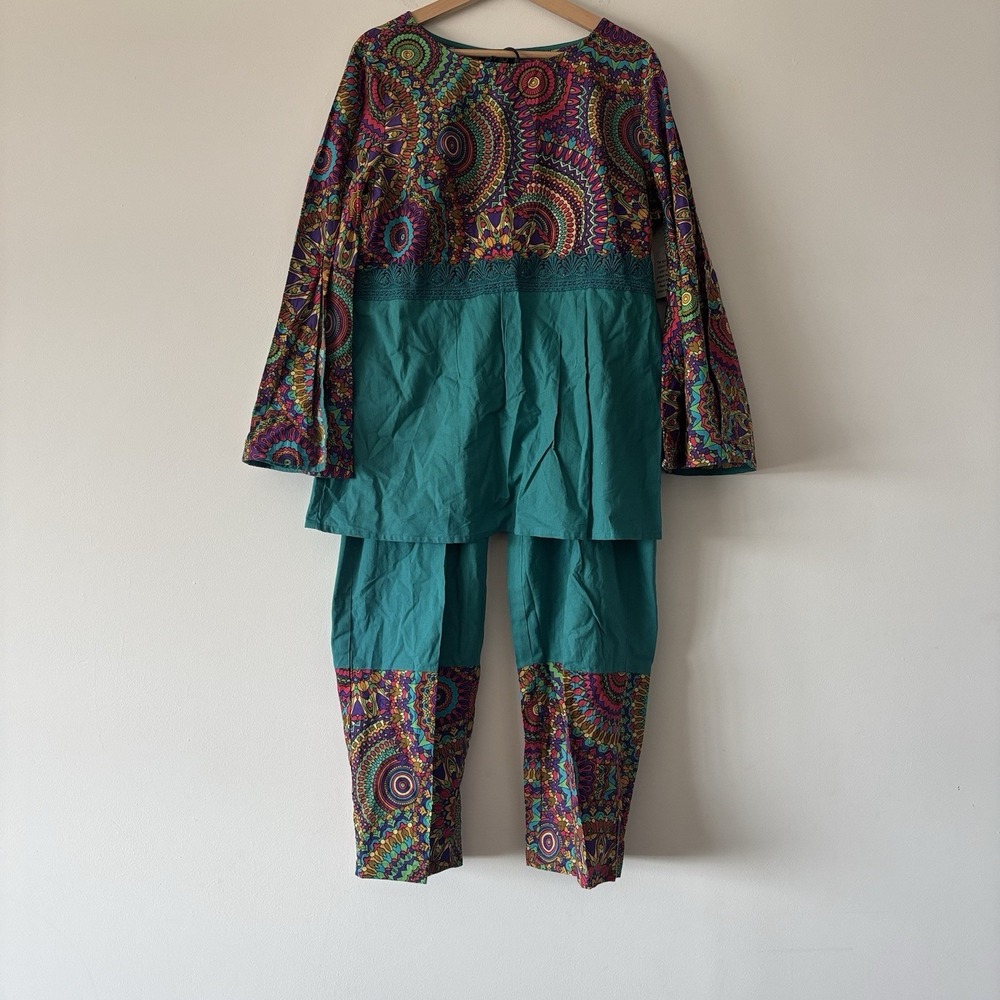 ASHRO Two Piece Set Flare Sleeve Top Hippie Retro Boho Women's Large Cotton NWT